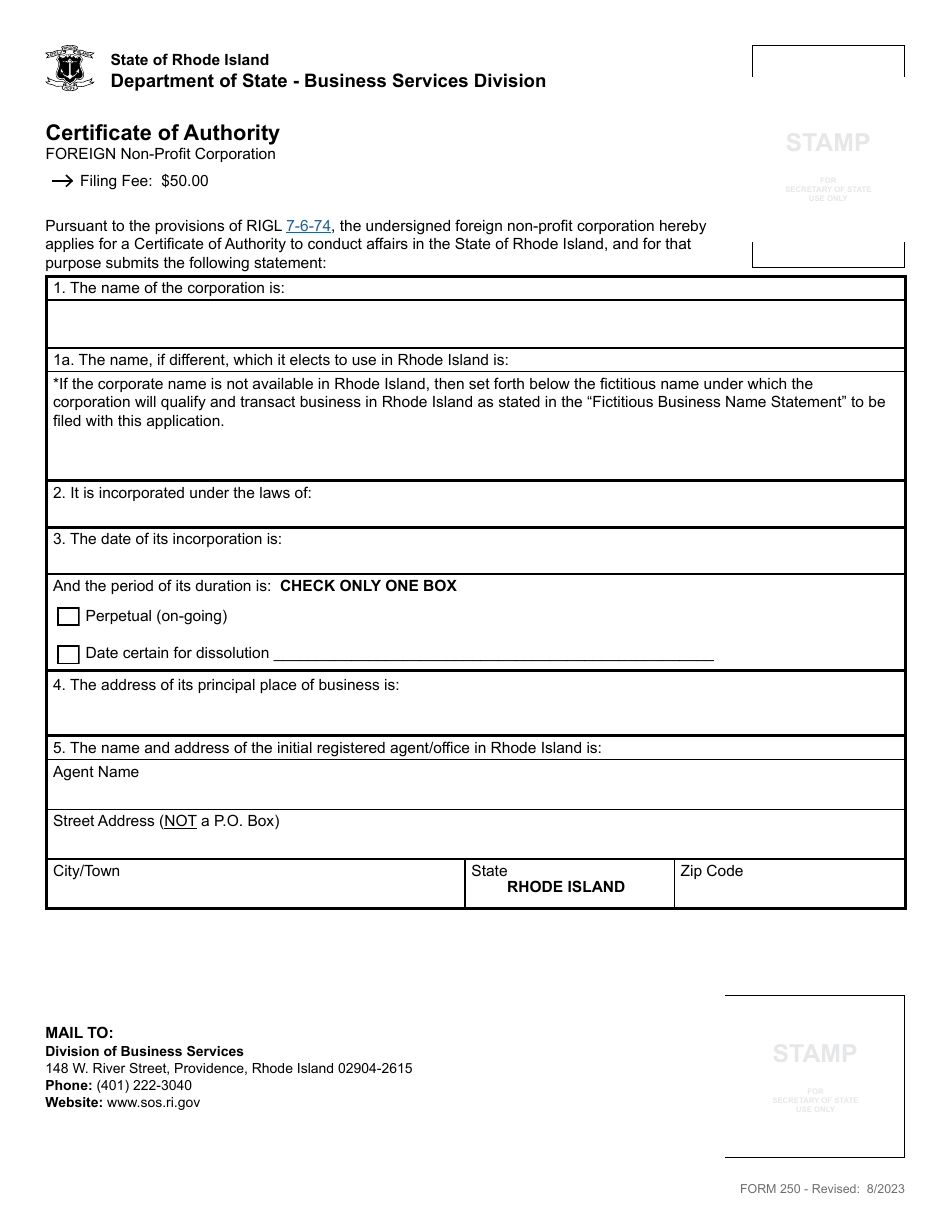 Form 250 Download Fillable Pdf Or Fill Online Certificate Of Authority Foreign Non Profit 6530