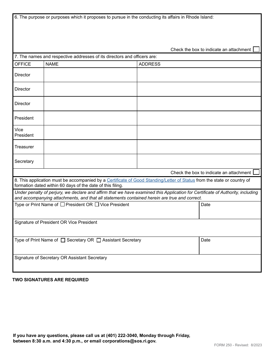 Form 250 Certificate of Authority - Foreign Non-profit Corporation - Rhode Island, Page 3