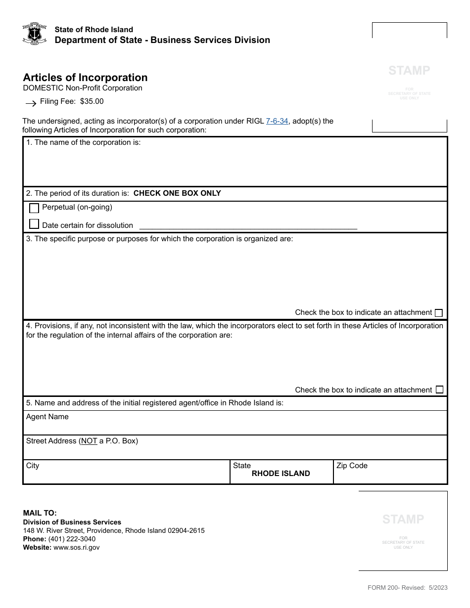 Form 200 Articles of Incorporation - Domestic Non-profit Corporation - Rhode Island, Page 2