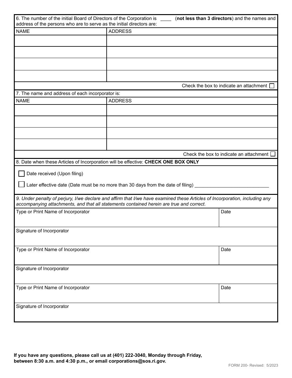 Form 200 Articles of Incorporation - Domestic Non-profit Corporation - Rhode Island, Page 3