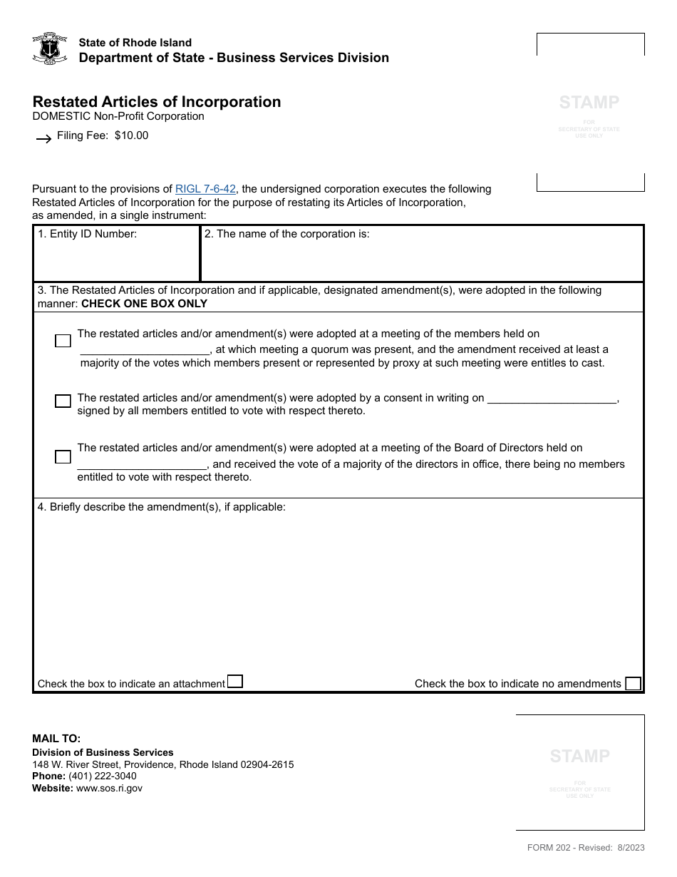 Form 202 Restated Articles of Incorporation - Domestic Non-profit Corporation - Rhode Island, Page 2