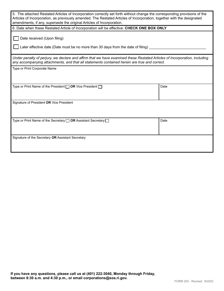 Form 202 Restated Articles of Incorporation - Domestic Non-profit Corporation - Rhode Island, Page 3