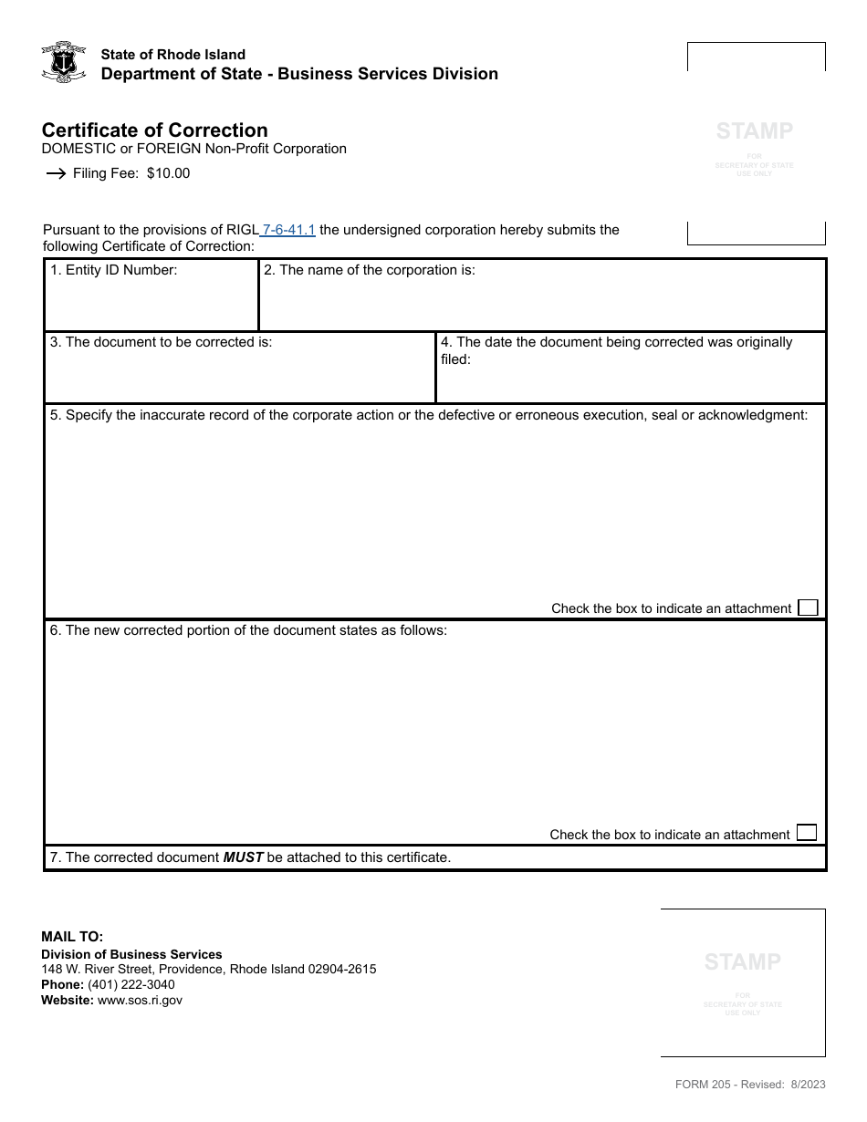 Form 205 Certificate of Correction - Domestic or Foreign Non-profit Corporation - Rhode Island, Page 2
