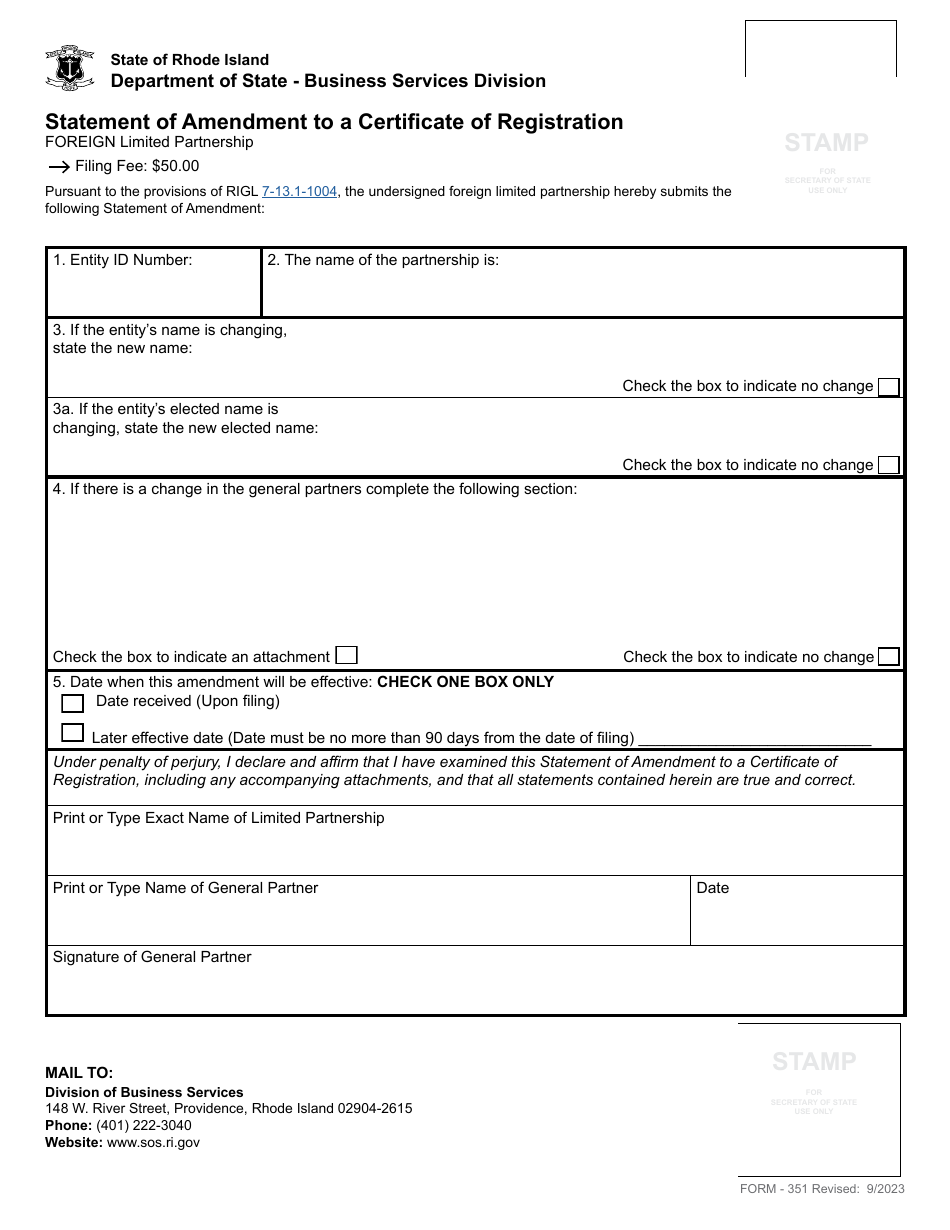 Form 351 Statement of Amendment to a Certificate of Registration - Foreign Limited Partnership - Rhode Island, Page 2