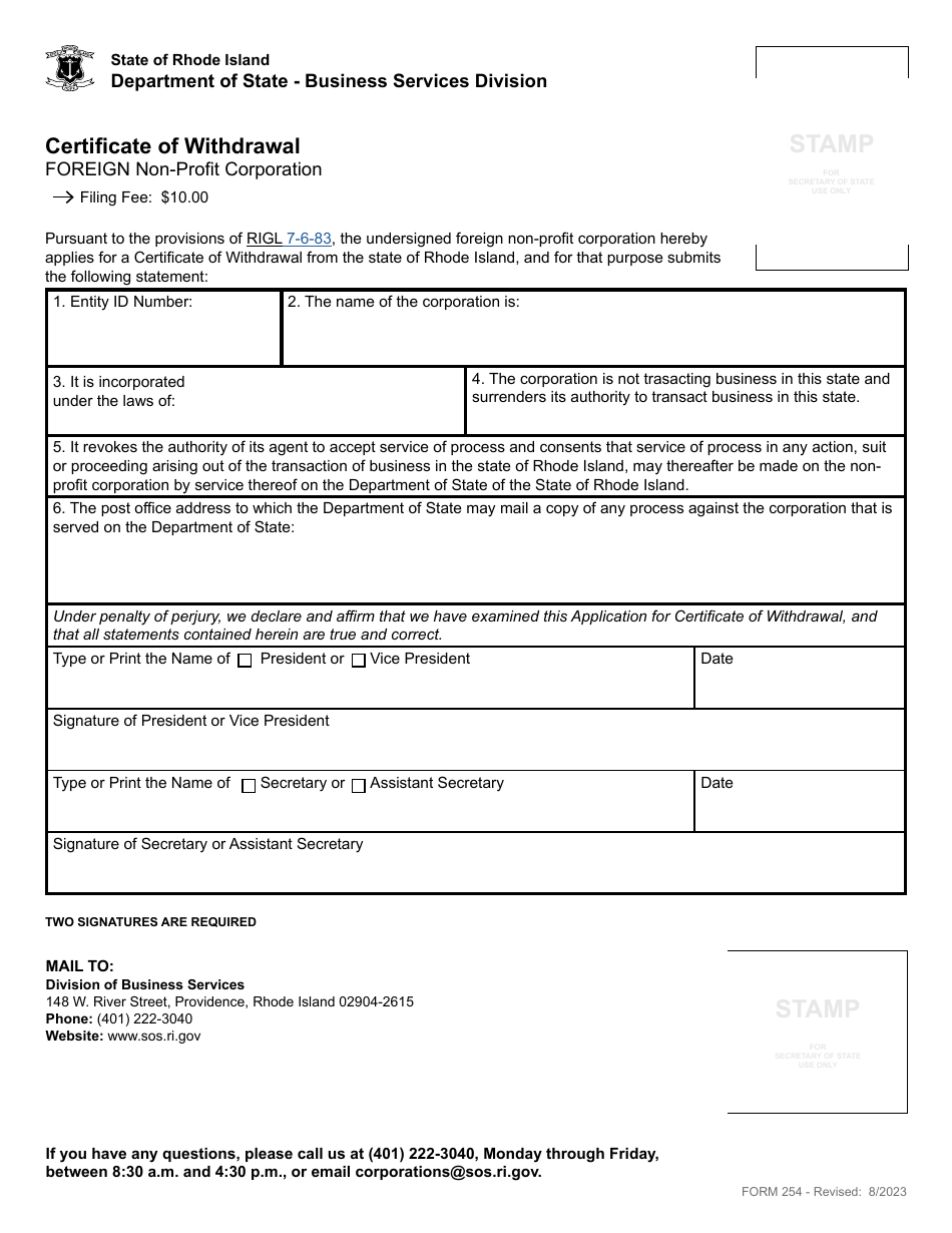 Form 254 Application for Certificate of Withdrawal for a Foreign Non-profit Corporation - Rhode Island, Page 2