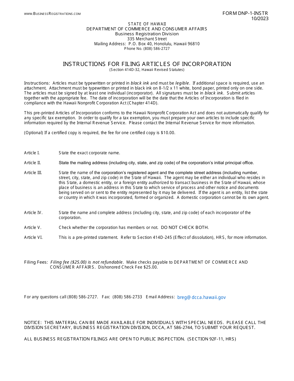 Instructions for Form DNP-1 Articles of Incorporation - Hawaii, Page 1