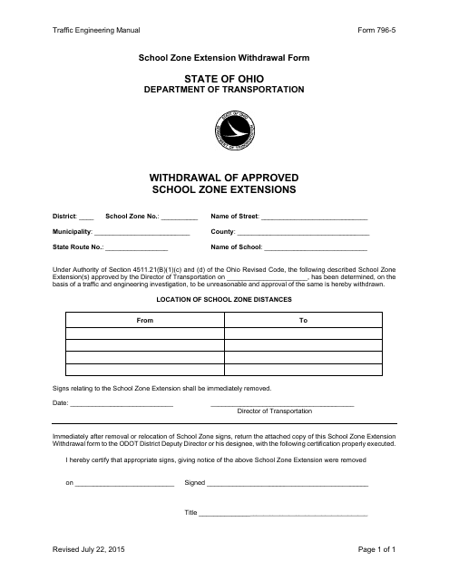 Form 796-5 Withdrawal of Approved School Zone Extensions - Ohio