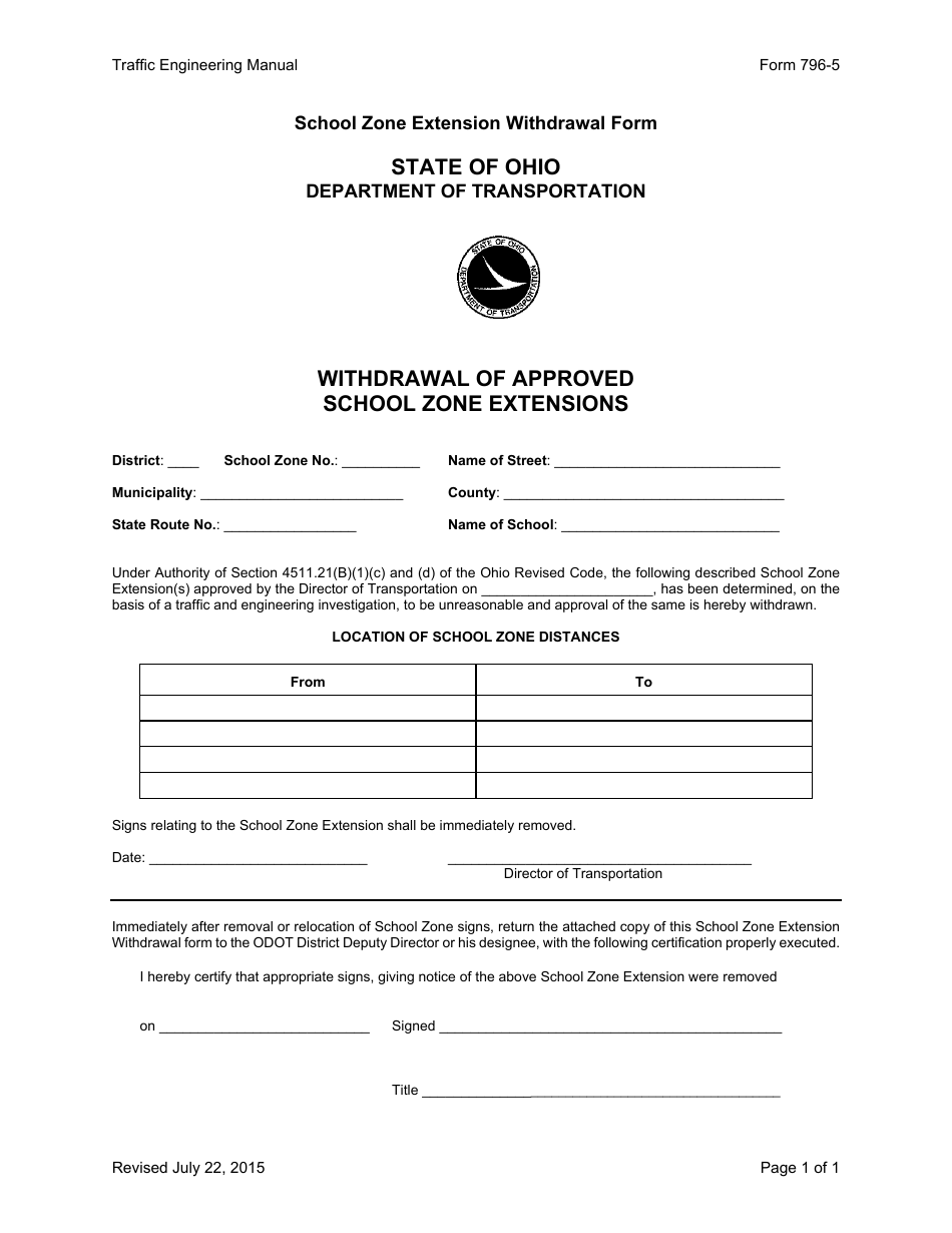 Form 796-5 Withdrawal of Approved School Zone Extensions - Ohio, Page 1