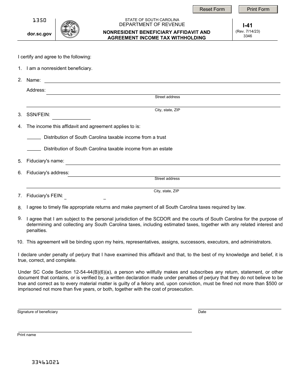 Form I-41 Nonresident Beneficiary Affidavit and Agreement Income Tax Withholding - South Carolina, Page 1
