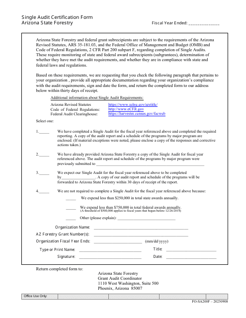 Form FO-SA200F Single Audit Certification Form - Arizona