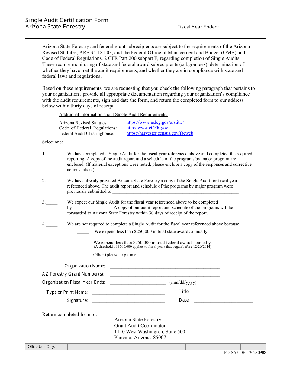 Form FO-SA200F Single Audit Certification Form - Arizona, Page 1