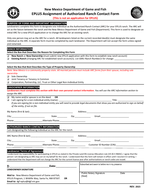 Eplus Assignment of Authorized Ranch Contact Form - New Mexico