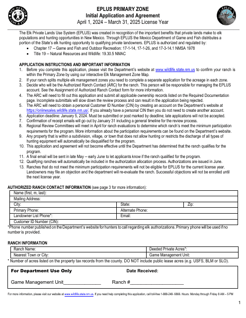 Eplus Primary Zone Initial Application and Agreement - New Mexico Download Pdf
