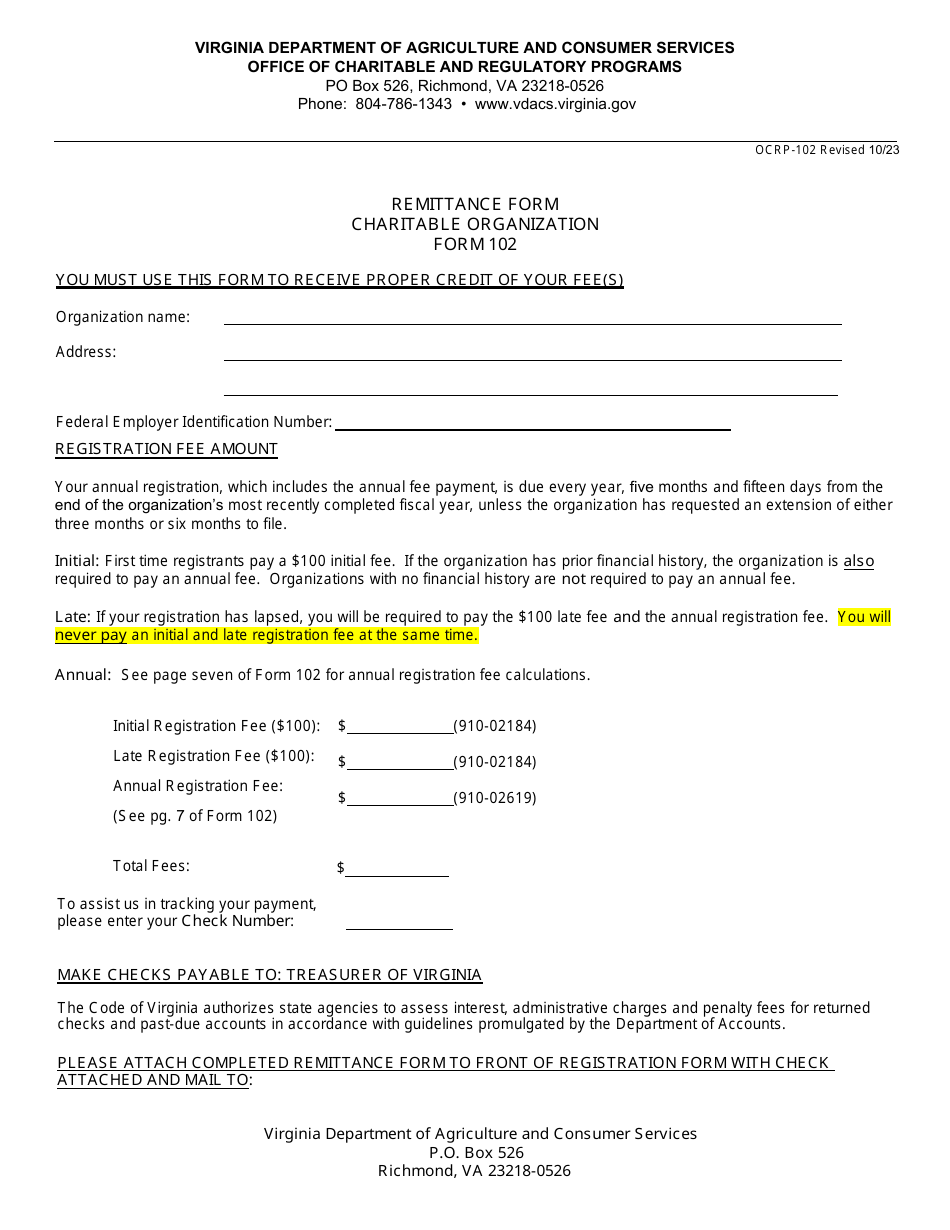 Form 102 (OCRP-102) Registration Statement for a Charitable Organization - Virginia, Page 1