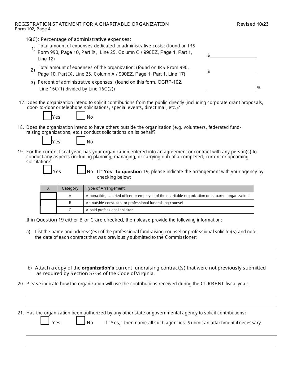 Form 102 (OCRP-102) Registration Statement for a Charitable Organization - Virginia, Page 5