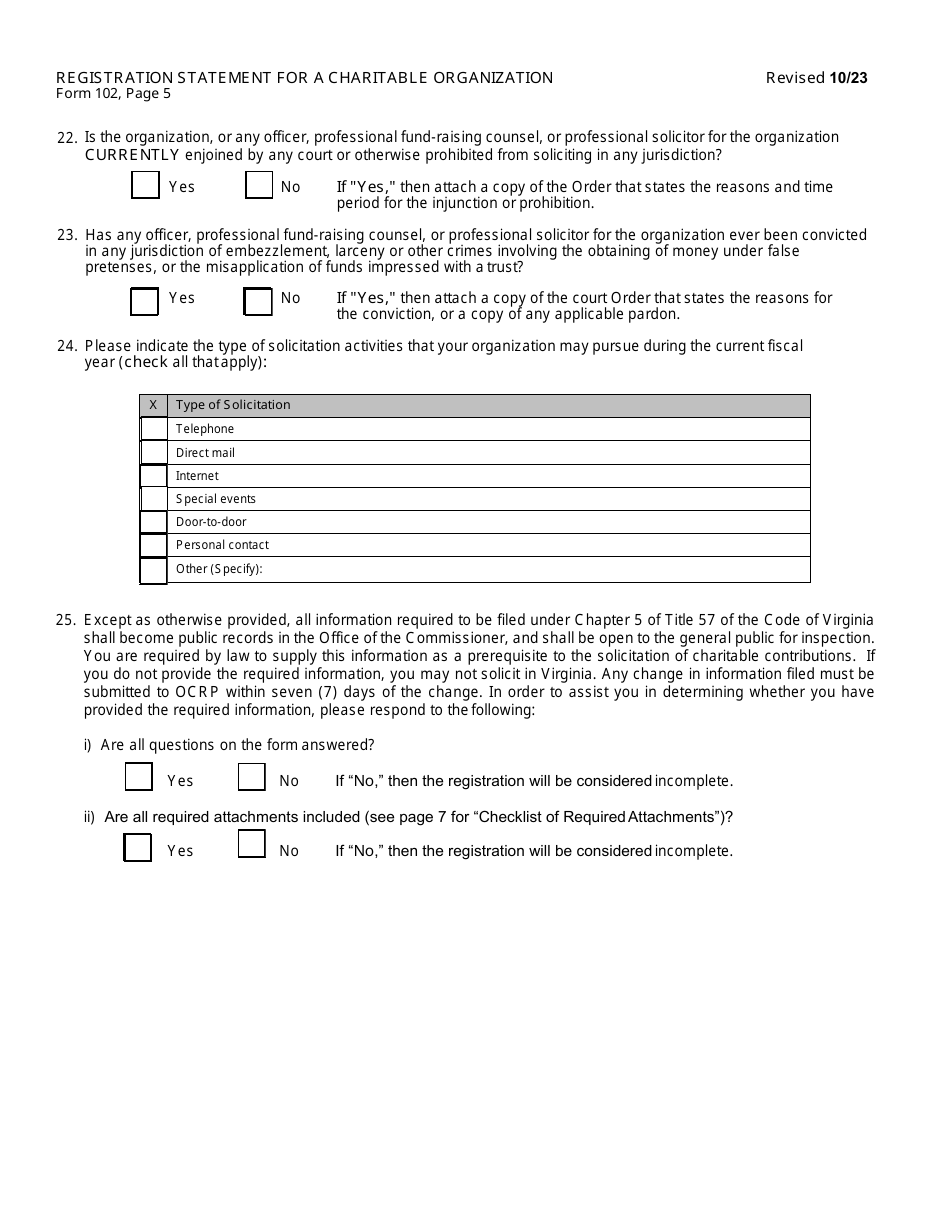 Form 102 (OCRP-102) Registration Statement for a Charitable Organization - Virginia, Page 6