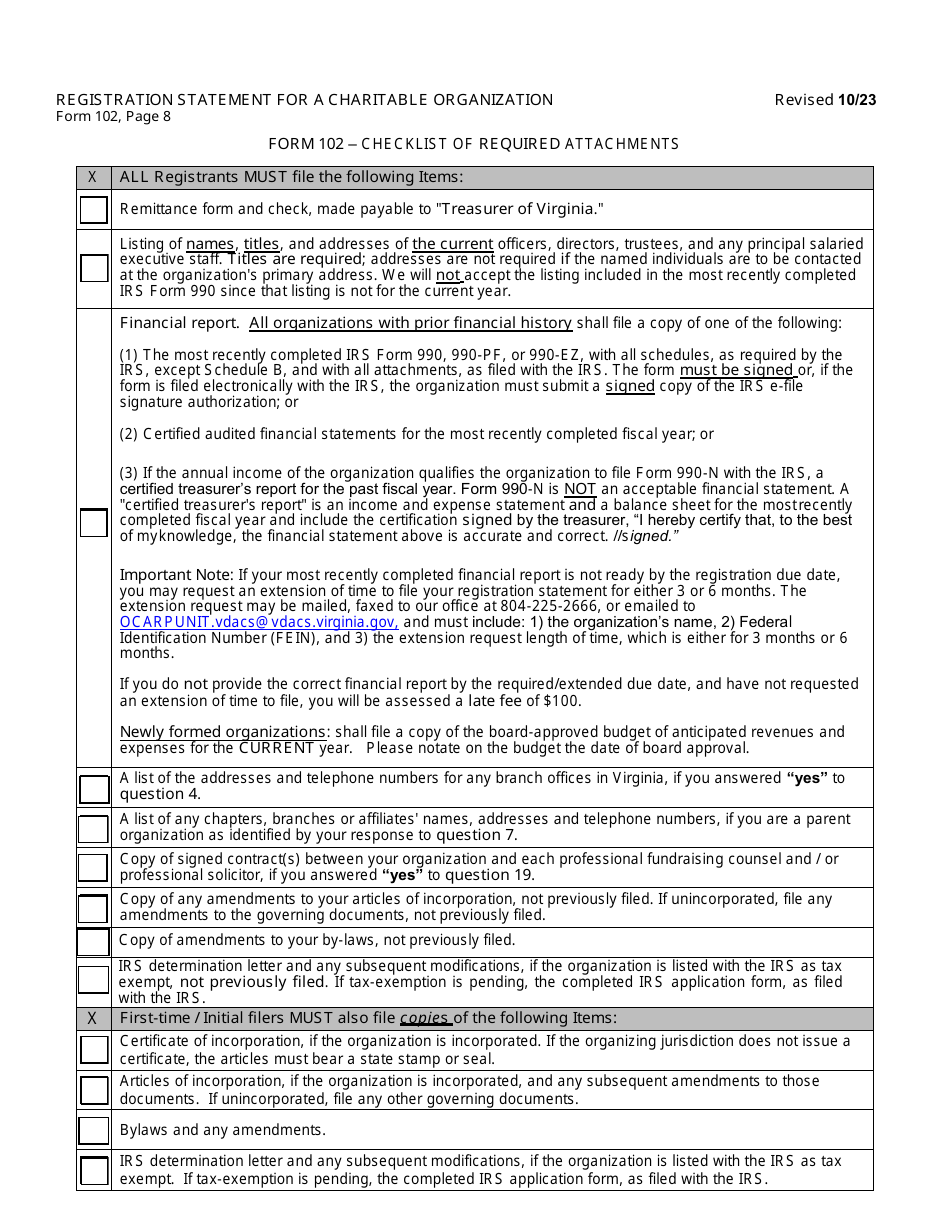 Form 102 (OCRP-102) Registration Statement for a Charitable Organization - Virginia, Page 9