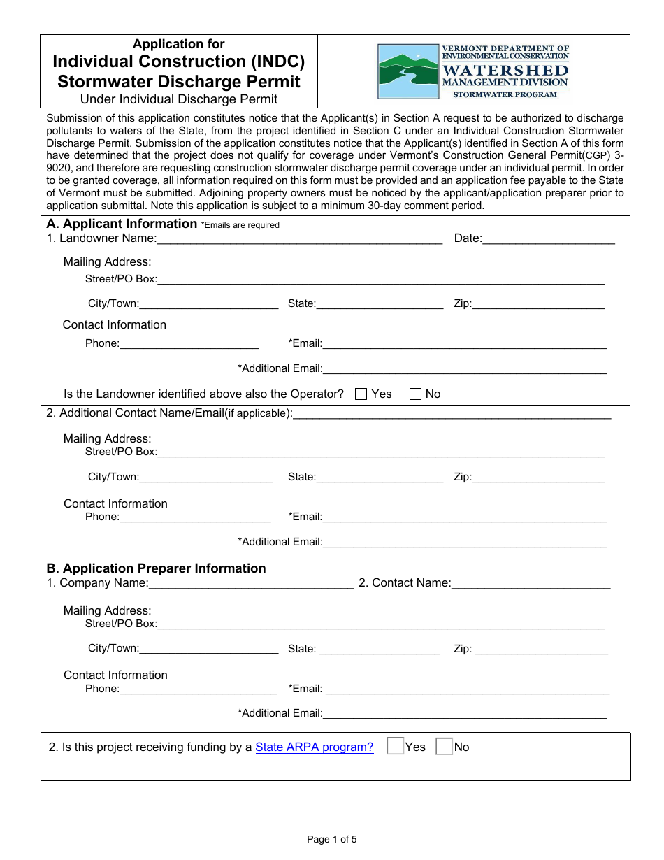 Application for Individual Construction (Indc) Stormwater Discharge Permit Under Individual Discharge Permit - Vermont, Page 1