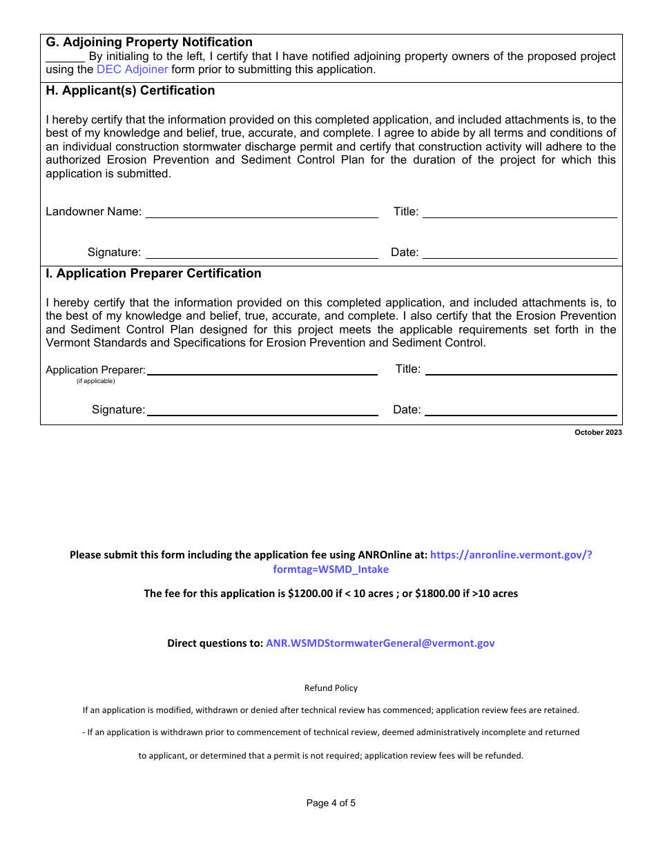 Application for Individual Construction (Indc) Stormwater Discharge Permit Under Individual Discharge Permit - Vermont, Page 4
