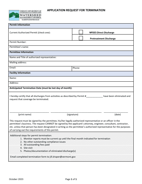 Application Request for Termination - Vermont Download Pdf