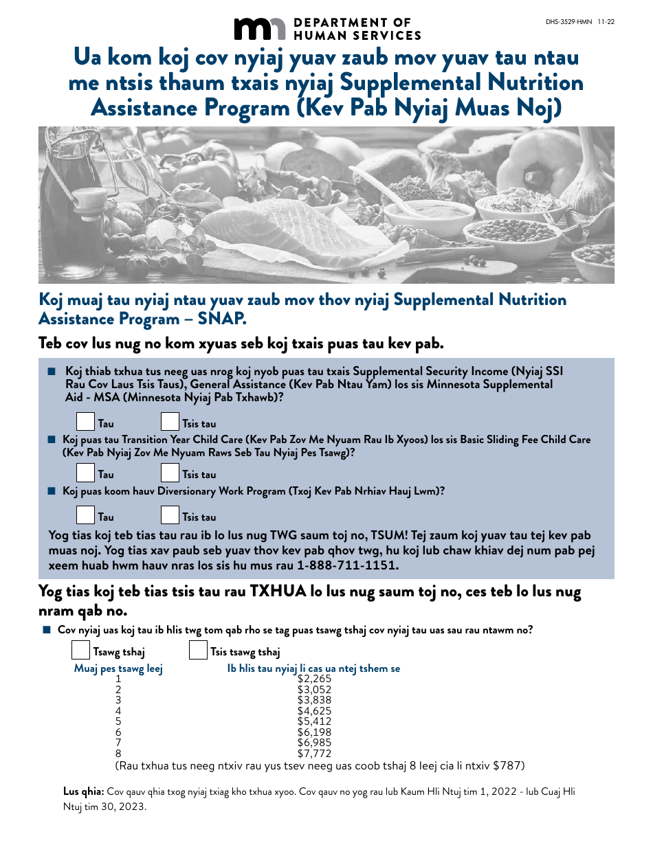 Form DHS-3529-HMN Stretch Your Food Dollars With Supplemental Nutrition Assistance Benefits - Minnesota (Hmong), Page 1