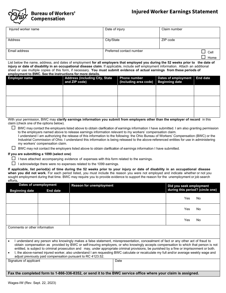 Form WAGES-IW Download Printable PDF or Fill Online Injured Worker ...