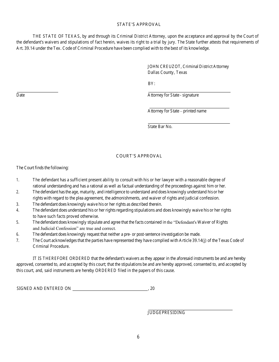 Plea Agreement - Dallas County, Texas, Page 6