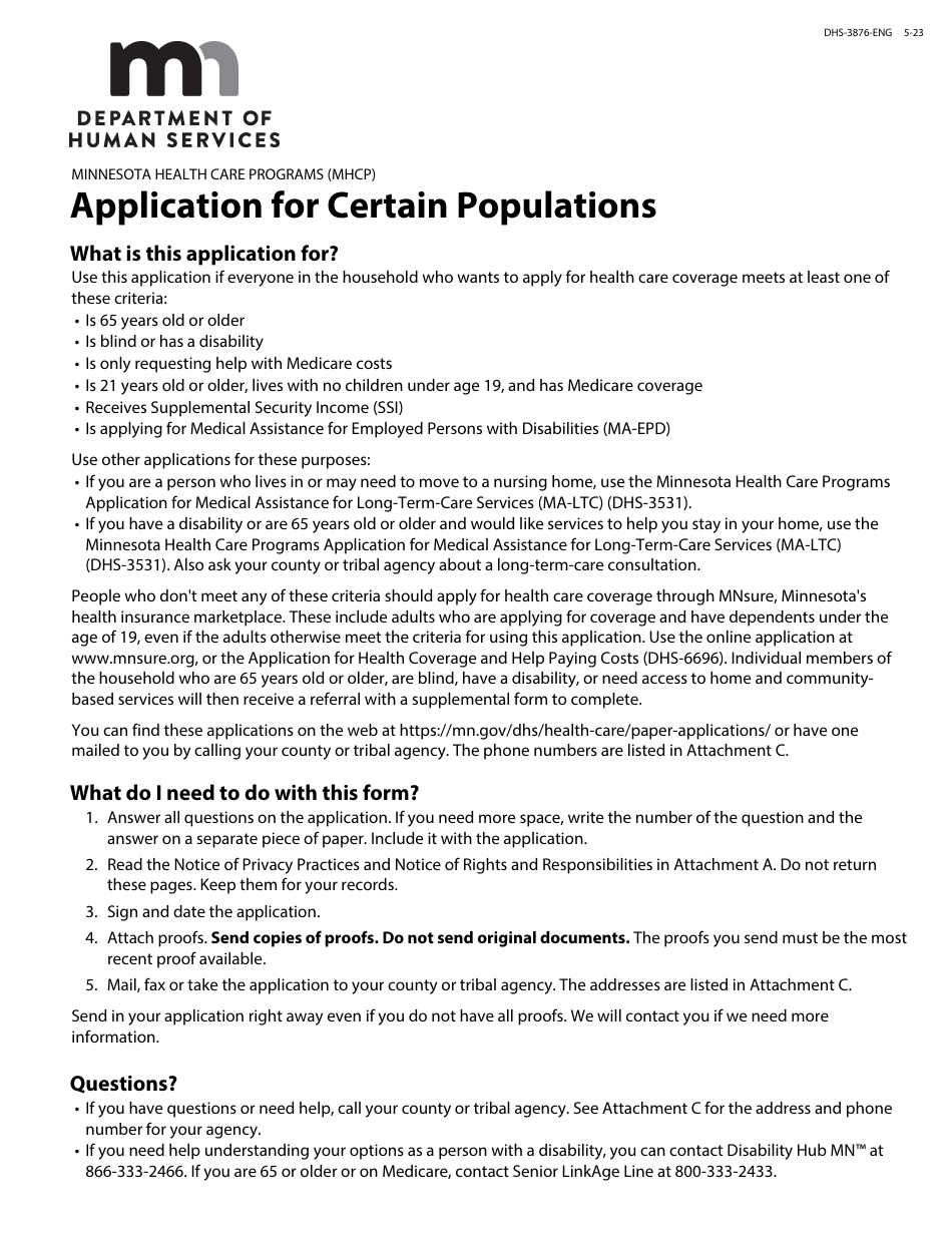 Form DHS-3876-ENG Application for Certain Populations - Minnesota, Page 1