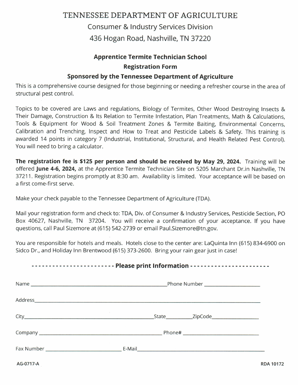 Form AG-0717-A Apprentice Termite Technician School Registration Form - June - Tennessee, Page 1