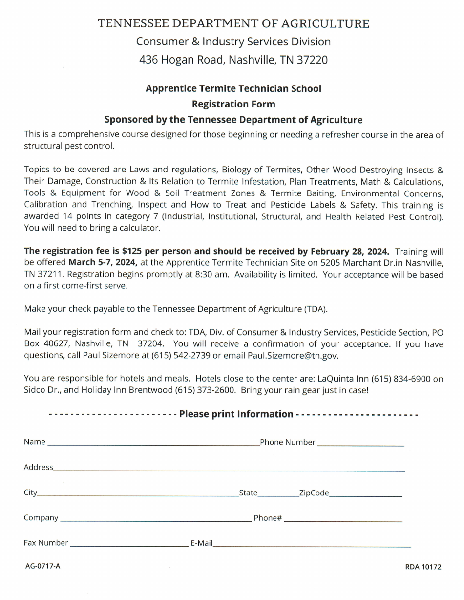 Form AG-0717-A Apprentice Termite Technician School Registration Form - March - Tennessee, Page 1