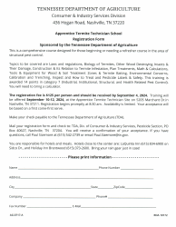 Document preview: Form AG-0717-A Apprentice Termite Technician School Registration Form - September - Tennessee, 2024