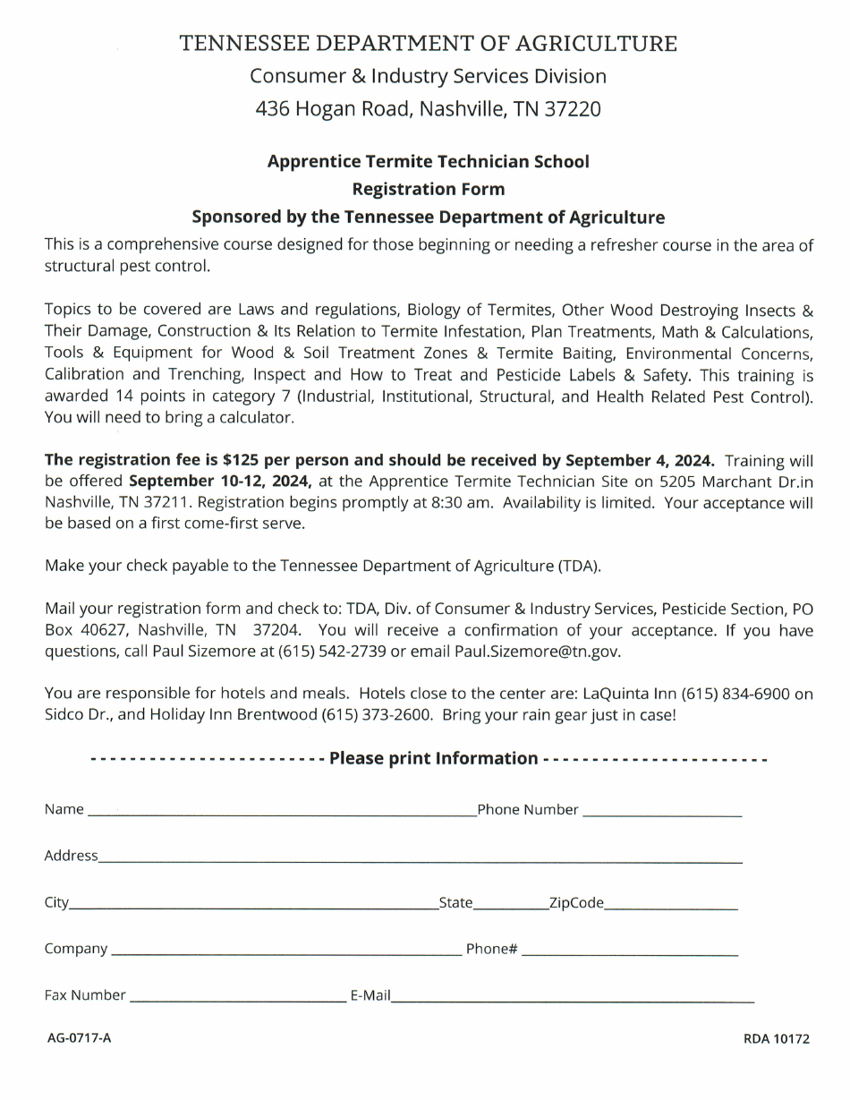 Form AG-0717-A Apprentice Termite Technician School Registration Form - September - Tennessee, Page 1