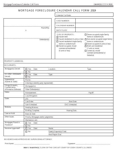 Form CCCH0626 Mortgage Foreclosure Calendar Call Form - Cook County, Illinois, 2023