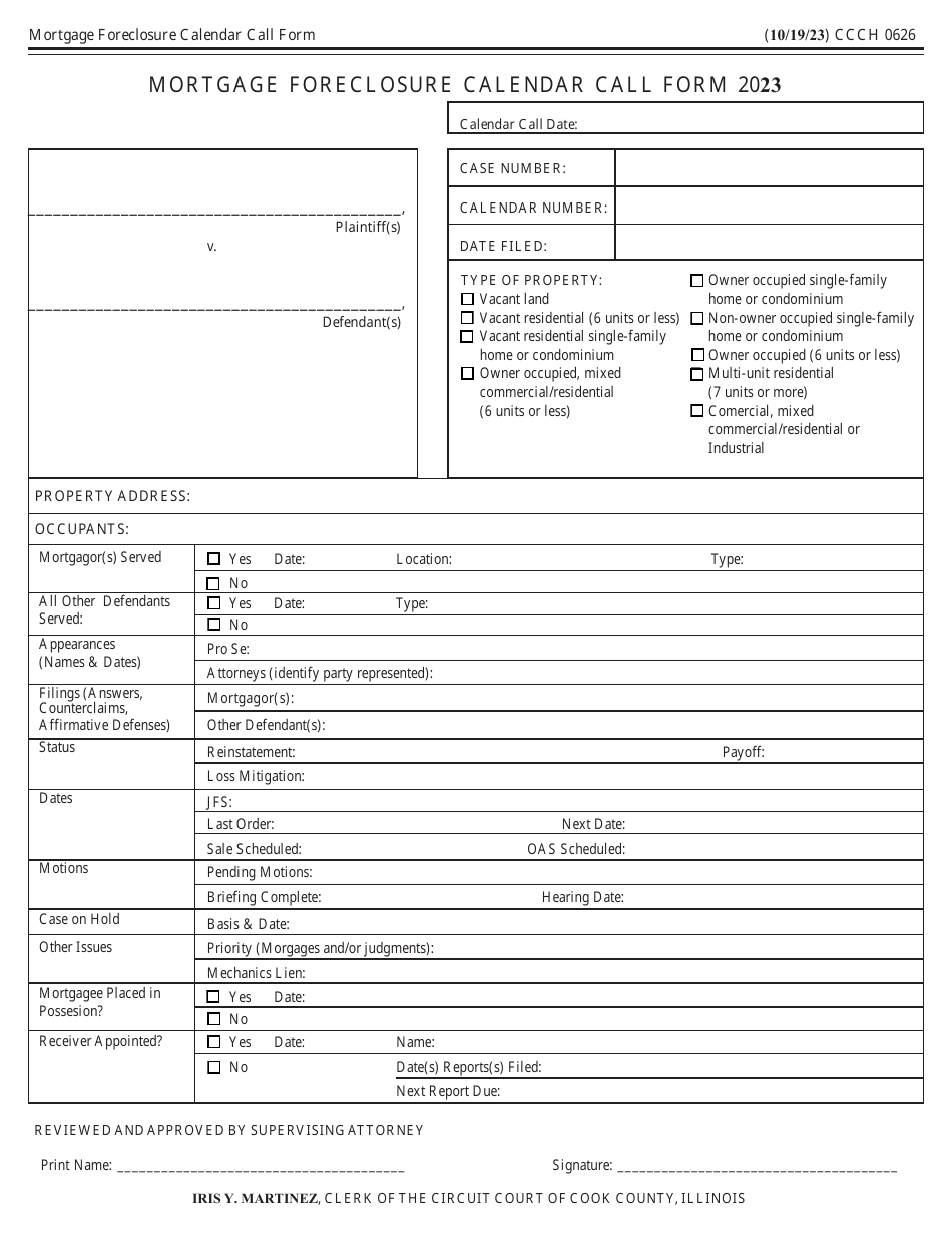 Form CCCH0626 Mortgage Foreclosure Calendar Call Form - Cook County, Illinois, Page 1