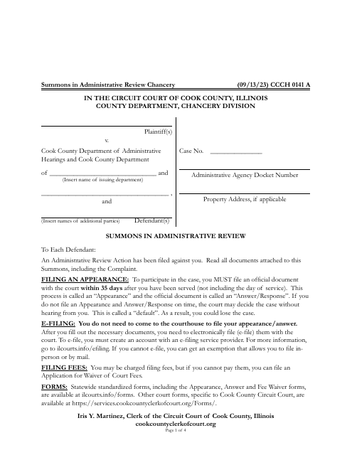 Form CCCH0141 Summons in Administrative Review - Cook County, Illinois