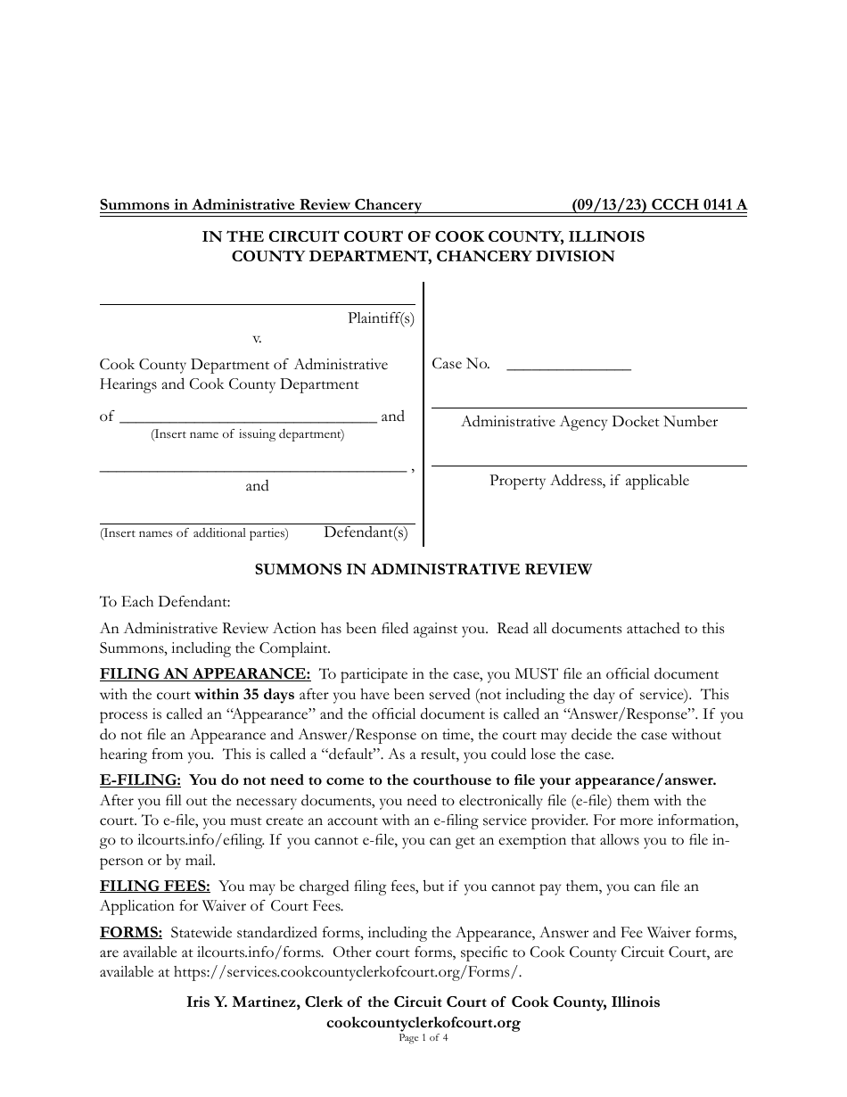 Form CCCH0141 Summons in Administrative Review - Cook County, Illinois, Page 1