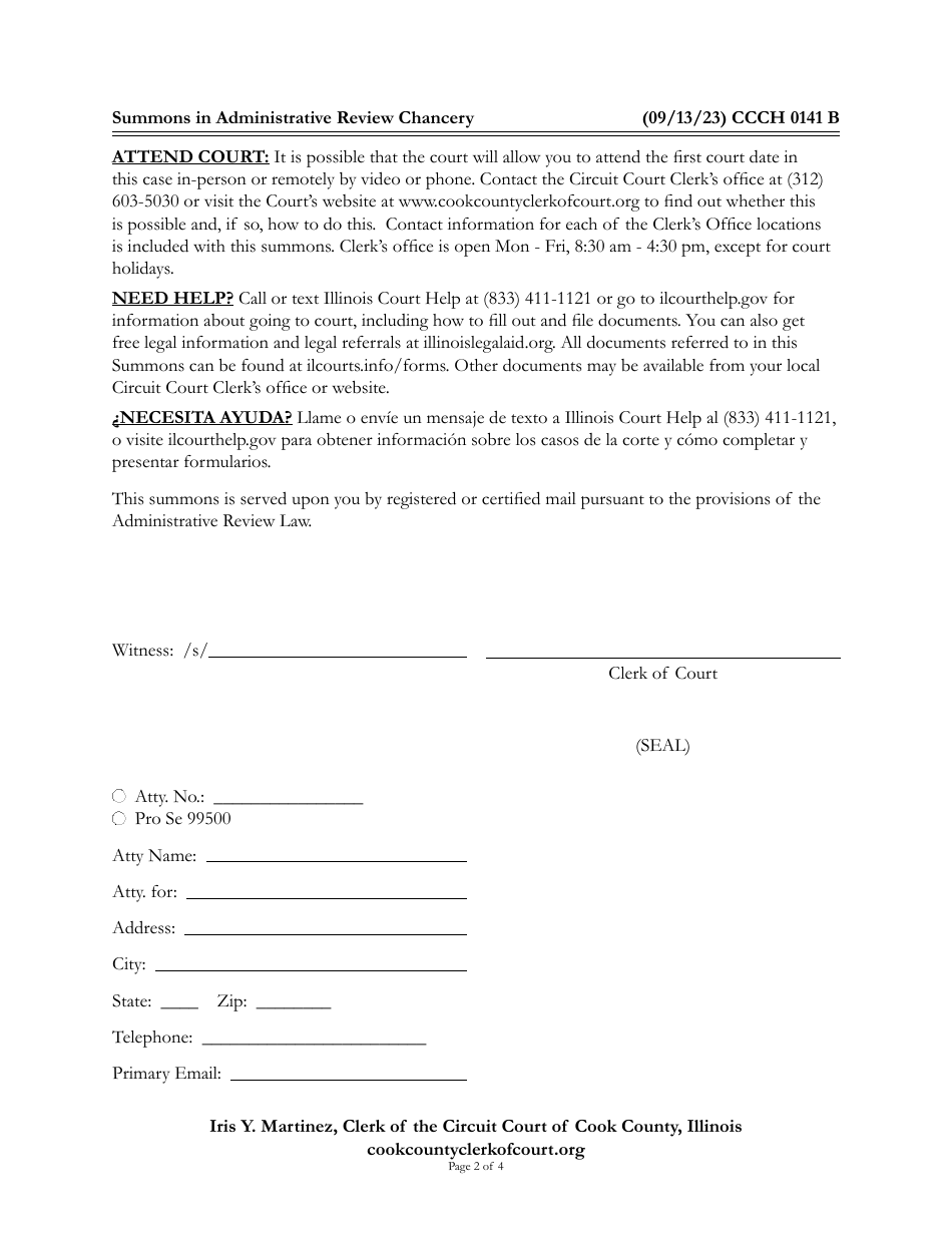 Form CCCH0141 Summons in Administrative Review - Cook County, Illinois, Page 2