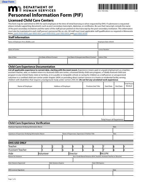 Form DHS-7994-ENG  Printable Pdf