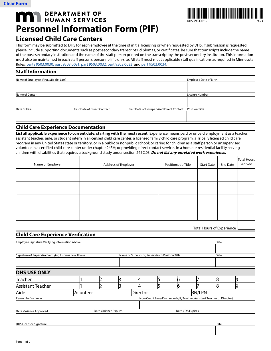 Form DHS-7994-ENG Personnel Information Form (PIF) - Minnesota, Page 1
