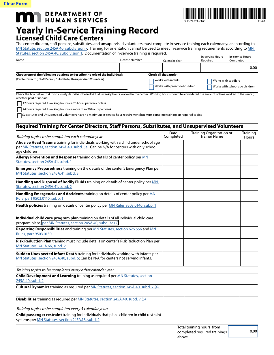 Form DHS-7952A-ENG Yearly In-Service Training Record - Minnesota, Page 1