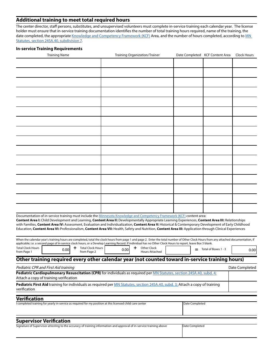 Form DHS-7952A-ENG Yearly In-Service Training Record - Minnesota, Page 2