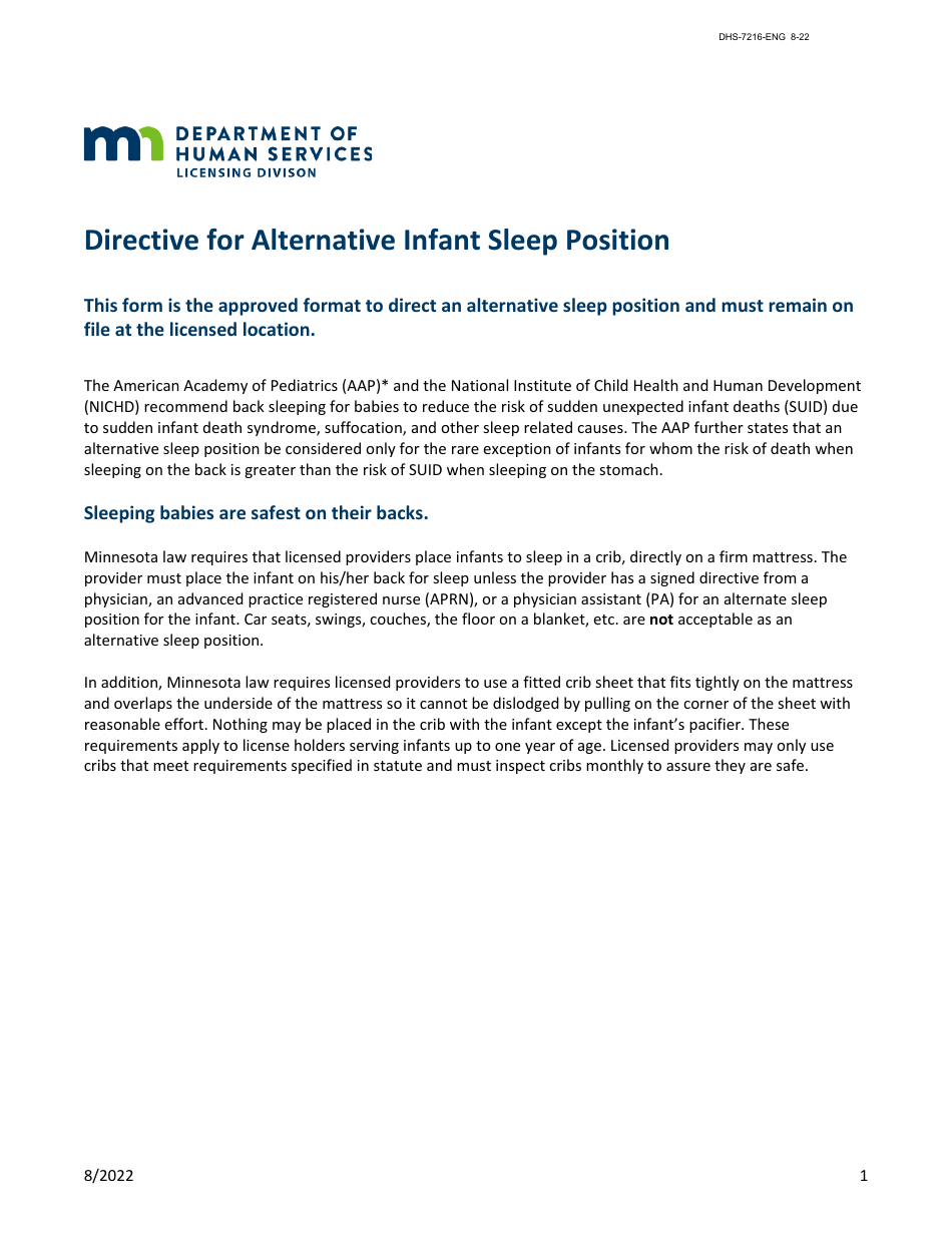 Form DHS-7216-ENG Directive for Alternative Infant Sleep Position - Minnesota, Page 1