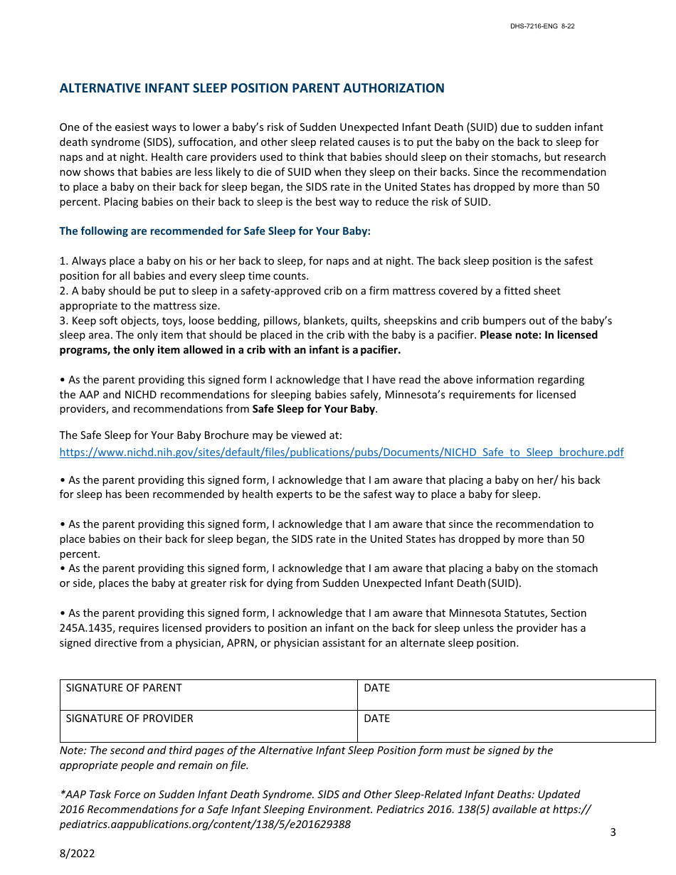 Form DHS-7216-ENG Directive for Alternative Infant Sleep Position - Minnesota, Page 3