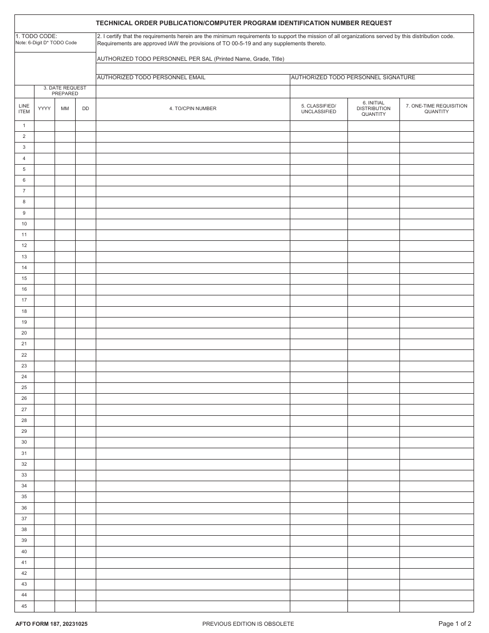 AFTO Form 187 Technical Order Publication / Computer Program Identification Number Request, Page 1
