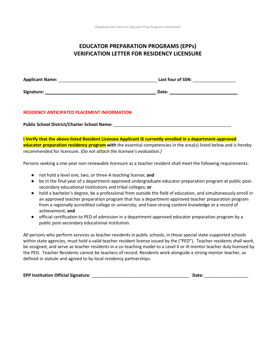 Verification Letter for Residency Licensure - Educator Preparation Programs (Epps) - New Mexico, Page 1
