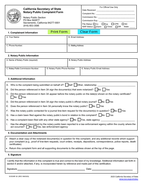 Form SOS/NP-30 Notary Public Complaint Form - California