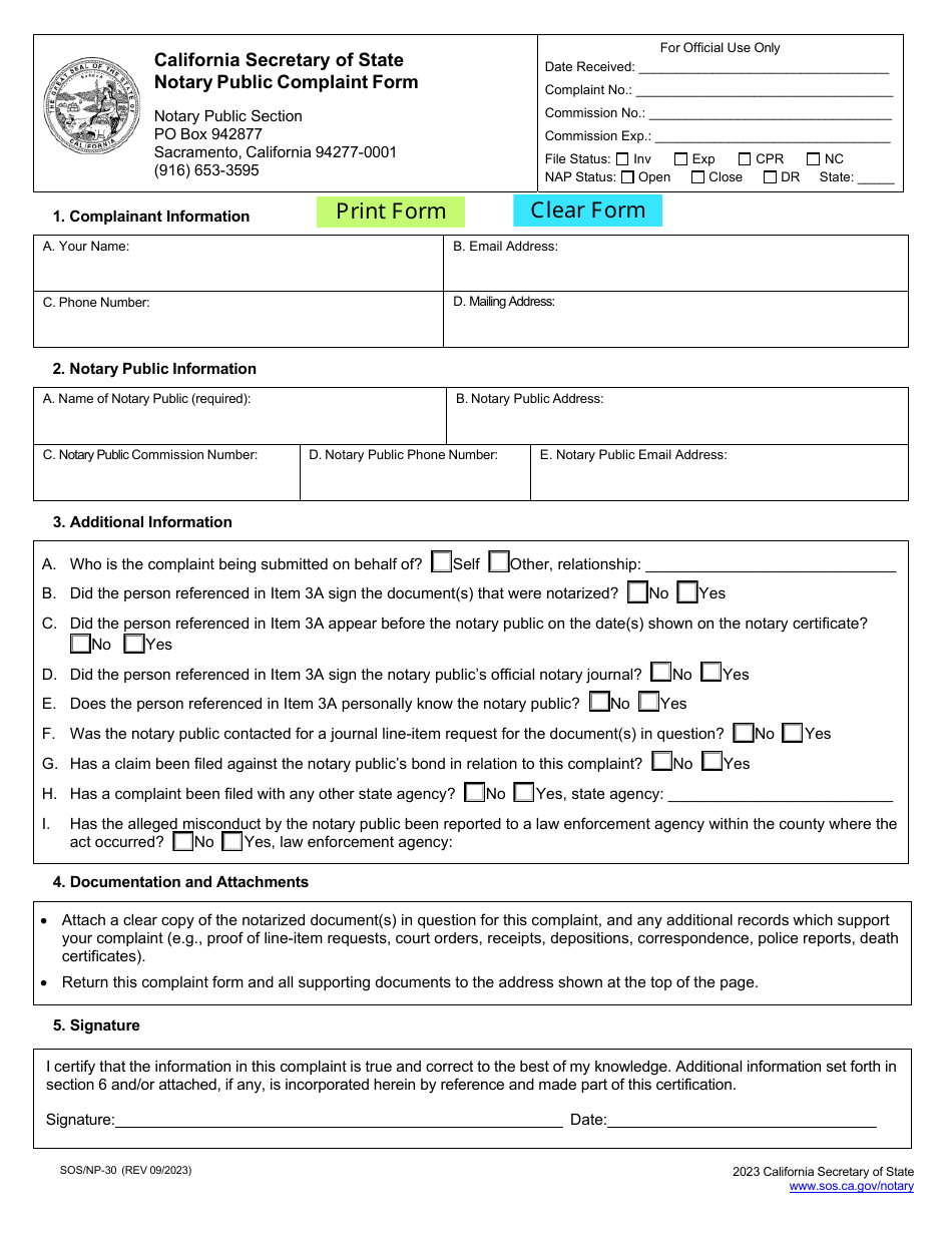Form SOS / NP-30 Notary Public Complaint Form - California, Page 1