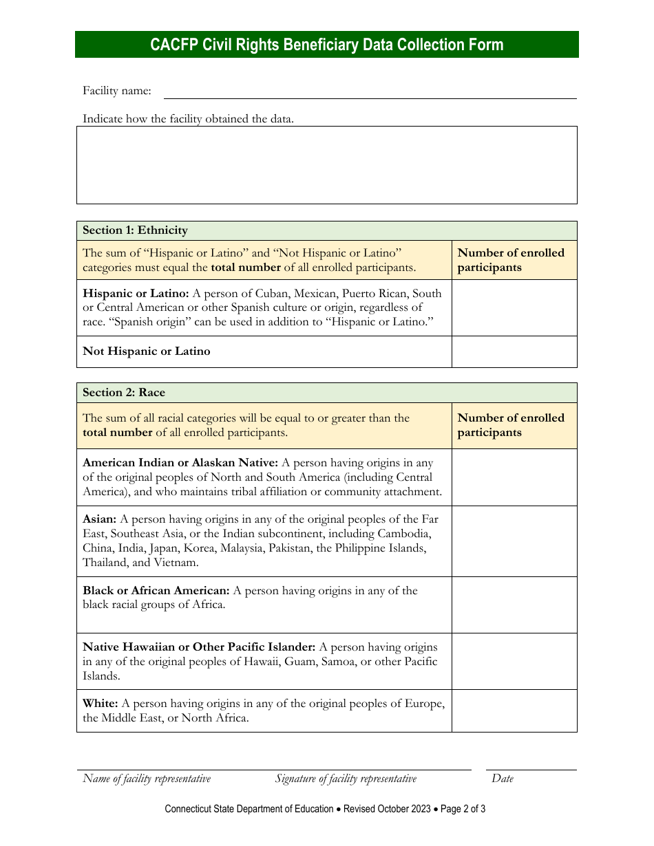 CACFP Civil Rights Beneficiary Data Collection Form - Connecticut, Page 2