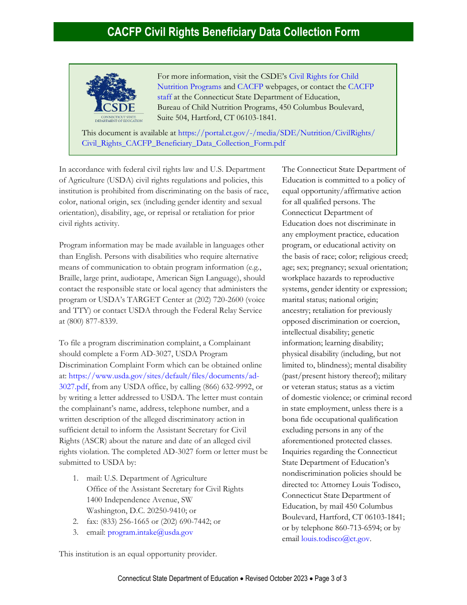 CACFP Civil Rights Beneficiary Data Collection Form - Connecticut, Page 3