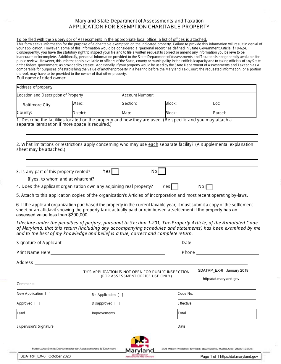 Form SDATRP_EX-6 Application for Exemption Charitable Property - Maryland, Page 1